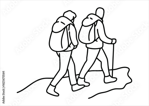 Two individuals enjoying a scenic outdoor excursion walking and hiking through natural landscapes with backpacks