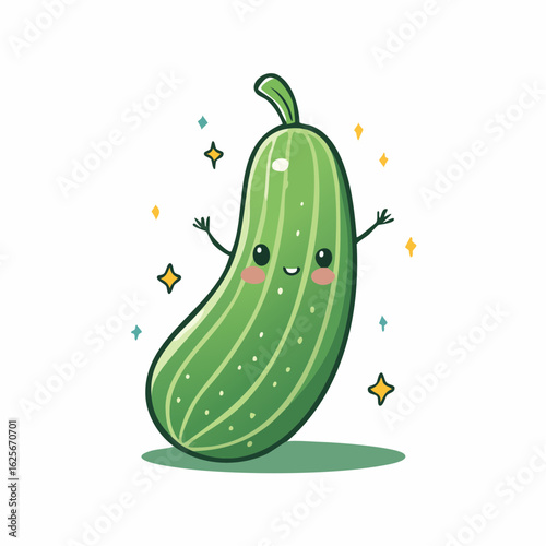 Adorable cucumber character illustration with sparkling elements on a white background