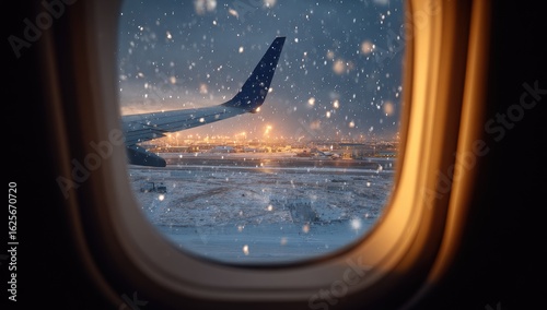 Airplane window view of snowy tarmac