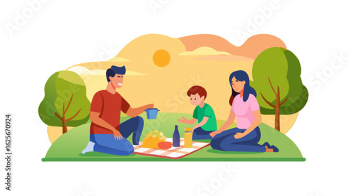 Family picnic in the park vector illustration happy family spending time together outdoors summer picnic scene design