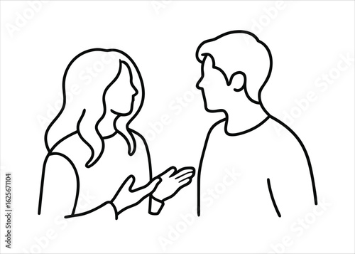 A stylish line art illustration depicting a man and woman engaged in a conversation conveying a modern and artistic communication theme