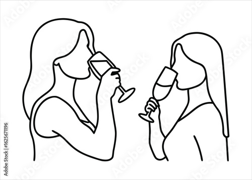 Elegant line art illustration of a woman enjoying a glass of wine with a sophisticated artistic style