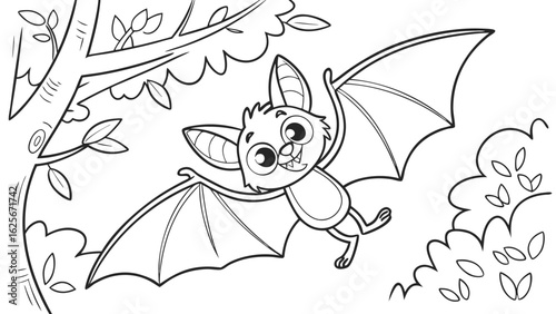 Vector Cartoon funny Bat, funny image in the forest, Coloring book page for children. Line Art isolated on white background