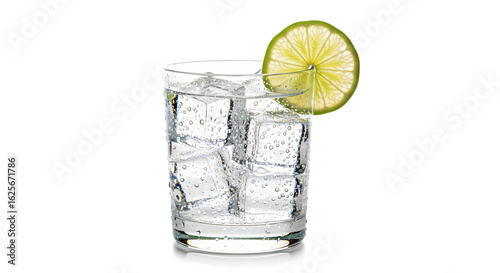 A clear glass of sparkling water with ice cubes and a fresh lime slice garnish on a white background.