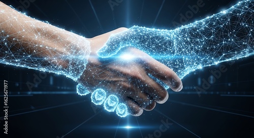 Close-up of two hands shaking, one human, one digital and glowing with a network of nodes, concept for collaboration, technological advancement and modern partnership agreement for CTO