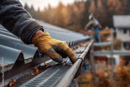 Gloved hand checks clogged gutter, worker on ladder is blurred. Use for home maintenance, seasonal cleanup, or home improvement projects.