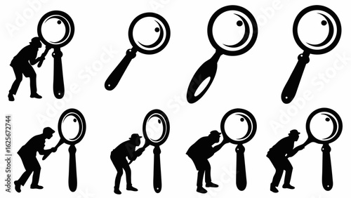 Illustration of detectives with magnifying glasses in various poses and magnifying glass icons alone silhouette