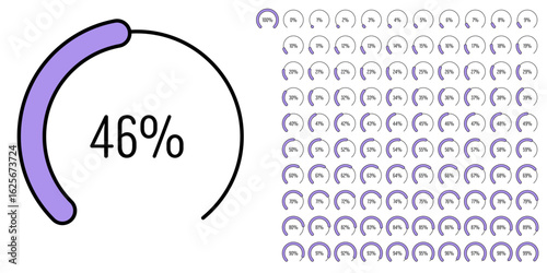 Set of circular sector arc percentage diagrams meters progress bar from 0 to 100 ready-to-use for web design, user interface UI or infographic - indicator with purple