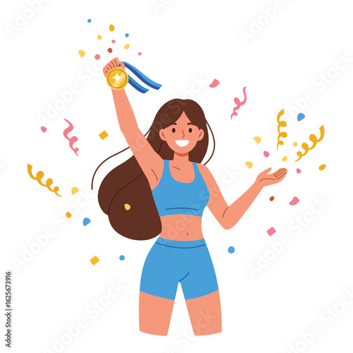 A triumphant athlete celebrates victory, raising a gold medal amidst confetti.