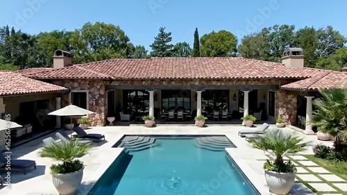 Wallpaper Mural Luxury house with pool, stone facade, red tiled roof, elegant columns, and lush greenery Torontodigital.ca