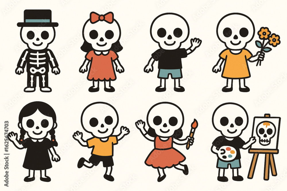 Día de Muertos Cute Skeleton Children Coloring Icons, Flat Vector Set Día de Muertos Cute Skeleton Children Coloring Icons, Flat Vector Set