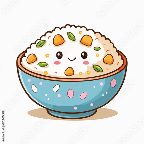 Cute Cartoon Rice Bowl Illustration with Smiling Face and Colorful Toppings Design