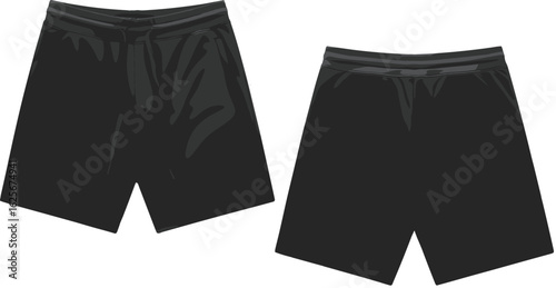 Black shorts front view, drawstring and non-drawstring styles, casual fashion mockup, vector apparel design, sporty bottomwear, clothing template, summer wear