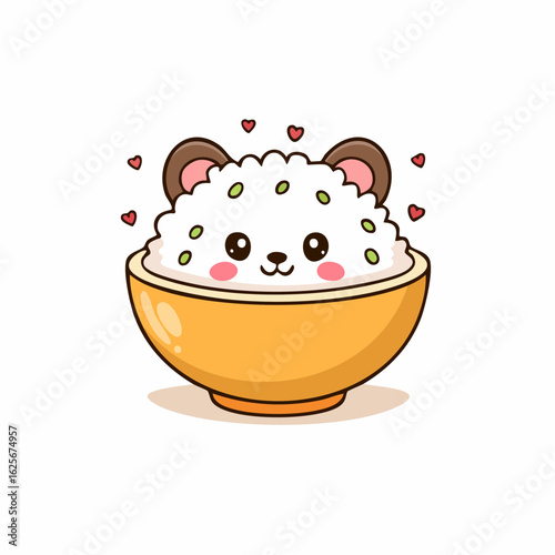 Adorable Rice Bowl Character with Bear Ears and Heart Accents - Kawaii Illustration