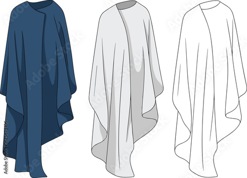Poncho front view, dark blue and light gray variations, technical line drawing, fashion mockup, vector apparel design, outerwear template, stylish cloak