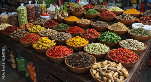 Colorful array of various aromatic spices and herbs in wooden bowls at a traditional food market.