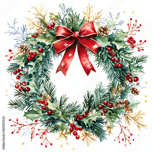 Festive Christmas Wreath Watercolor.