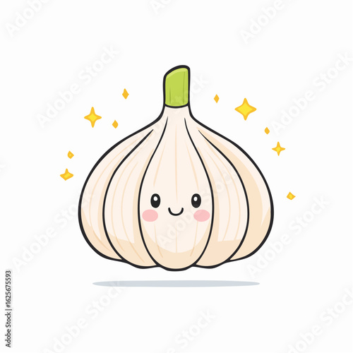 Adorable cartoon garlic bulb radiating charm and culinary anticipation on white backdrop