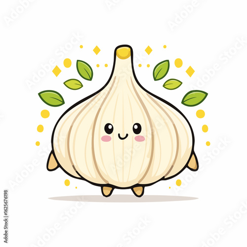 Adorable Garlic Cartoon Character with Leaf Accents and Sparkling Decorations around it