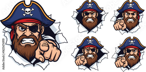 Angry cartoon pirate with hat and eyepatch pointing finger, breaking through wall, mascot vector illustration, aggressive expression, isolated design