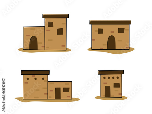 Traditional islamic old adobe house illustration set in flat cartoon style, perfect for historical or cultural projects