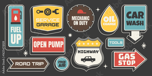Retro sticker set. Gas station signs with fuel pump, mechanic badge and oil drops on dark background. Vintage Mid Century vector design