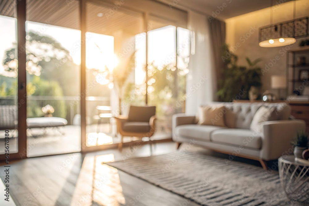 Fototapeta premium Cozy Living Room with Soft Sunlight Streaming Through Large Windows in Modern Design