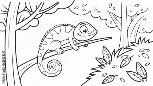 Vector Cartoon funny Chameleon, funny image in the forest, Coloring book page for children. Line Art isolated on white background