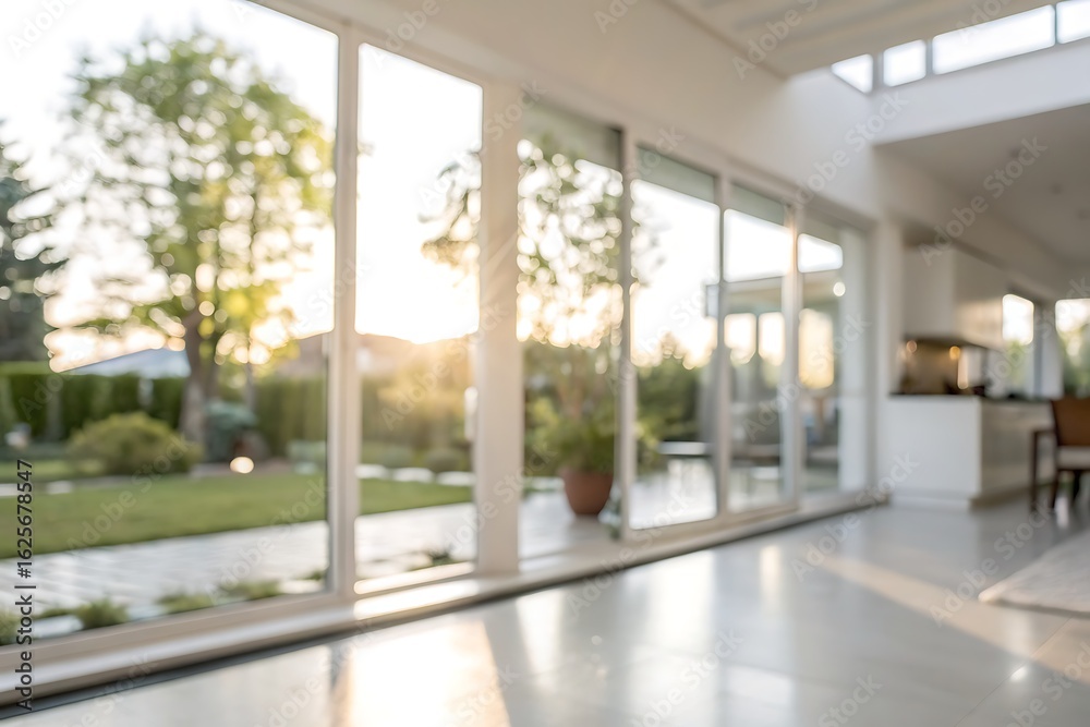 Obraz premium Bright and Airy Modern Living Space with Large Windows and Garden View at Sunset