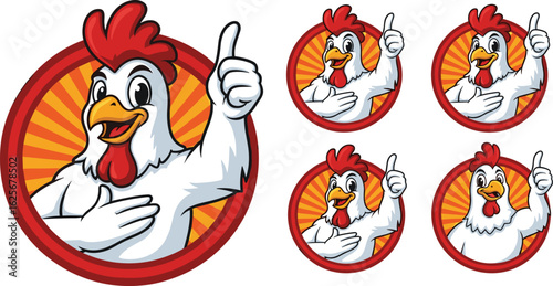 Cartoon chicken mascot, thumbs up pose, vector illustration, poultry character logo, farm animal symbol, food brand icon, funny bird