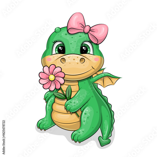 Cute Cartoon Green Dragon with pink flower and bow. Vector Illustration with animal on white background with pink hearts.