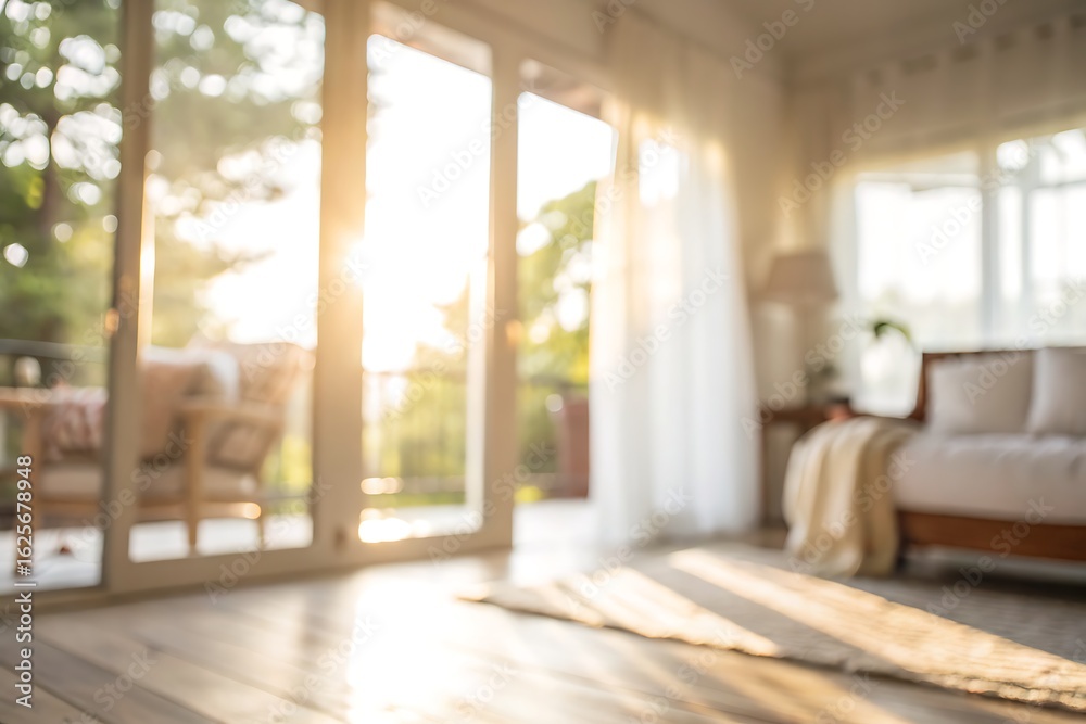 Obraz premium Soft Morning Light Streaming Through Modern Bedroom Window with Cozy Interior Elements