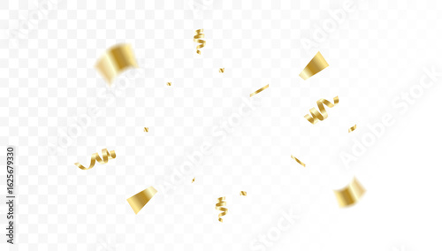 Realistic golden confetti explosion with flying ribbons, isolated on a transparent background for festive designs.