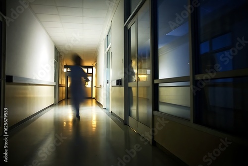 Mysterious Figure Running in Dimly Lit Hospital Corridor at Nighttime