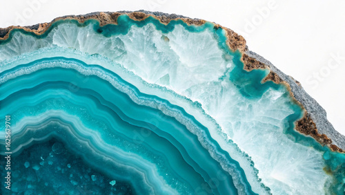 Tableau sur toile Macro photo of a vibrant blue-green agate geode with white crystal formations on