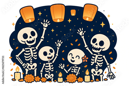 Día de Muertos Night Scene with Lanterns and Skeletons Coloring Illustration, Flat Vector