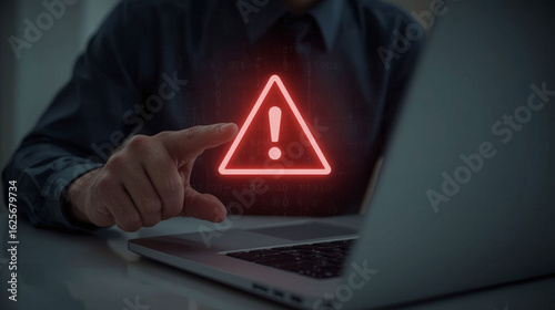 A user faces a digital warning while working on a laptop, highlighting a potential system or data breach