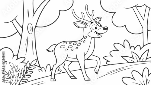 Vector Cartoon funny Deer, funny image in the forest, Coloring book page for children. Line Art isolated on white background