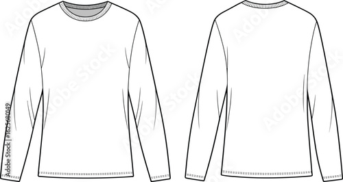 Men’s basic long sleeve t-shirt technical flat sketch, front and back view, vector apparel cad drawing for fashion design