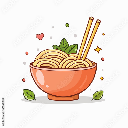 Adorable noodle bowl illustration with chopsticks and decorative elements is inviting and cute