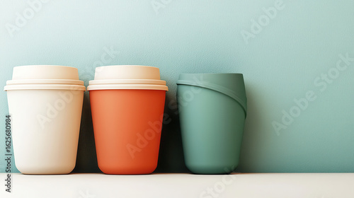Reusable coffee cups in various colors on shelf