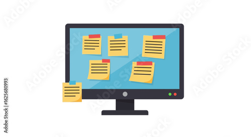 Flat Vector Computer Monitor with Sticky Notes

