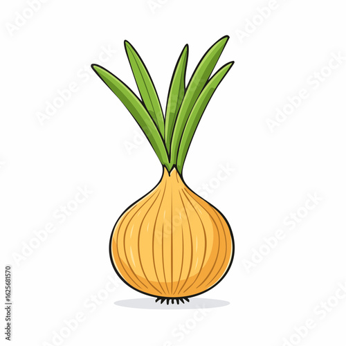 Illustration of an onion with vibrant green shoots on a white background