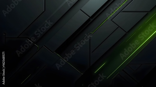 Fototapeta Naklejka Na Ścianę i Meble -  Dark abstract background with futuristic geometric panels and green accent lighting. A modern, high-tech design for technology, gaming, or corporate presentations.
