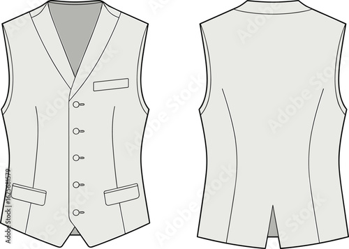 Men’s formal vest front and back view, technical flat sketch, CAD apparel design, vector fashion illustration for tailoring, clothing pattern.
