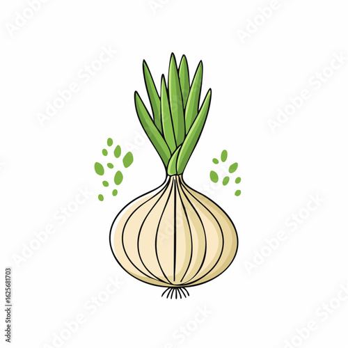 Whimsical onion illustration with vibrant green shoots against a clean white backdrop