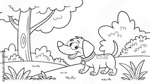 Vector Cartoon funny Dog, funny image in the forest, Coloring book page for children. Line Art isolated on white background