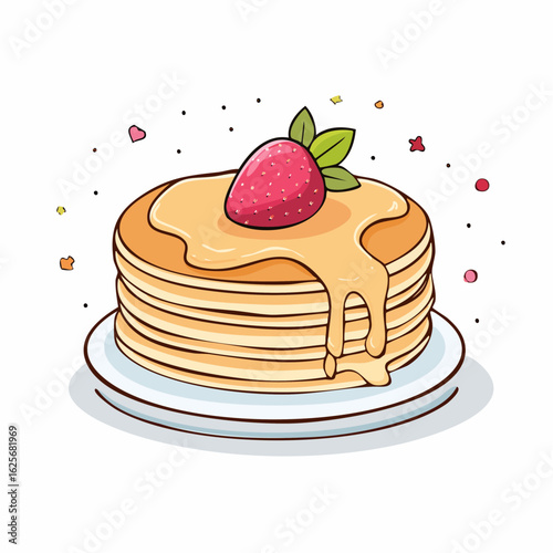 A stack of appetizing pancakes, generously covered with honey and fresh strawberry