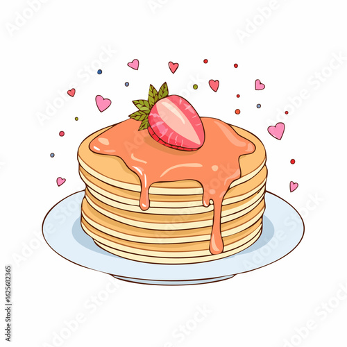 Delicious pancake stack drizzled with luscious syrup and topped with a fresh strawberry