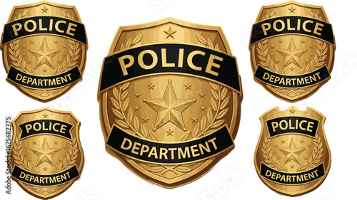 Golden police badge vector illustration, law enforcement shield design, security officer emblem, police department symbol, realistic badge artwork icon